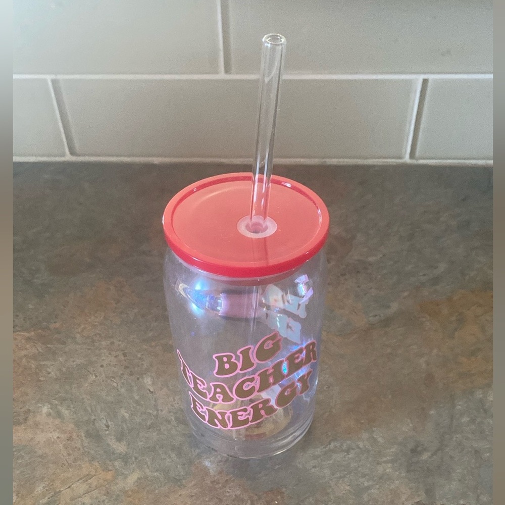 Big Teacher Energy Red Glass Tumbler with Straw NWOT